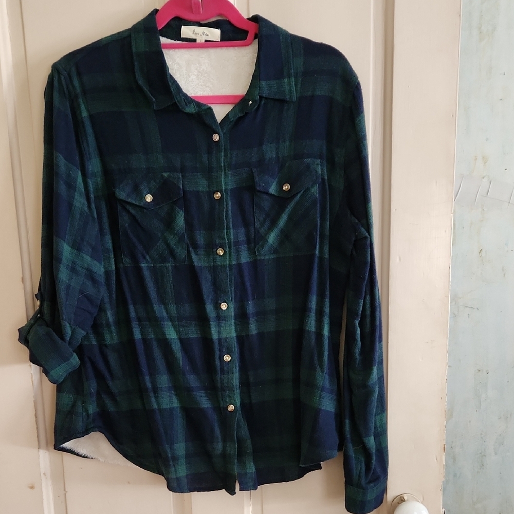 Women's Love Notes Green and Blue Plaid Shirt With Lined Back